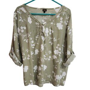 LEE Sage Green and White Botanical Print 3/4 Sleeved Blouse Size L